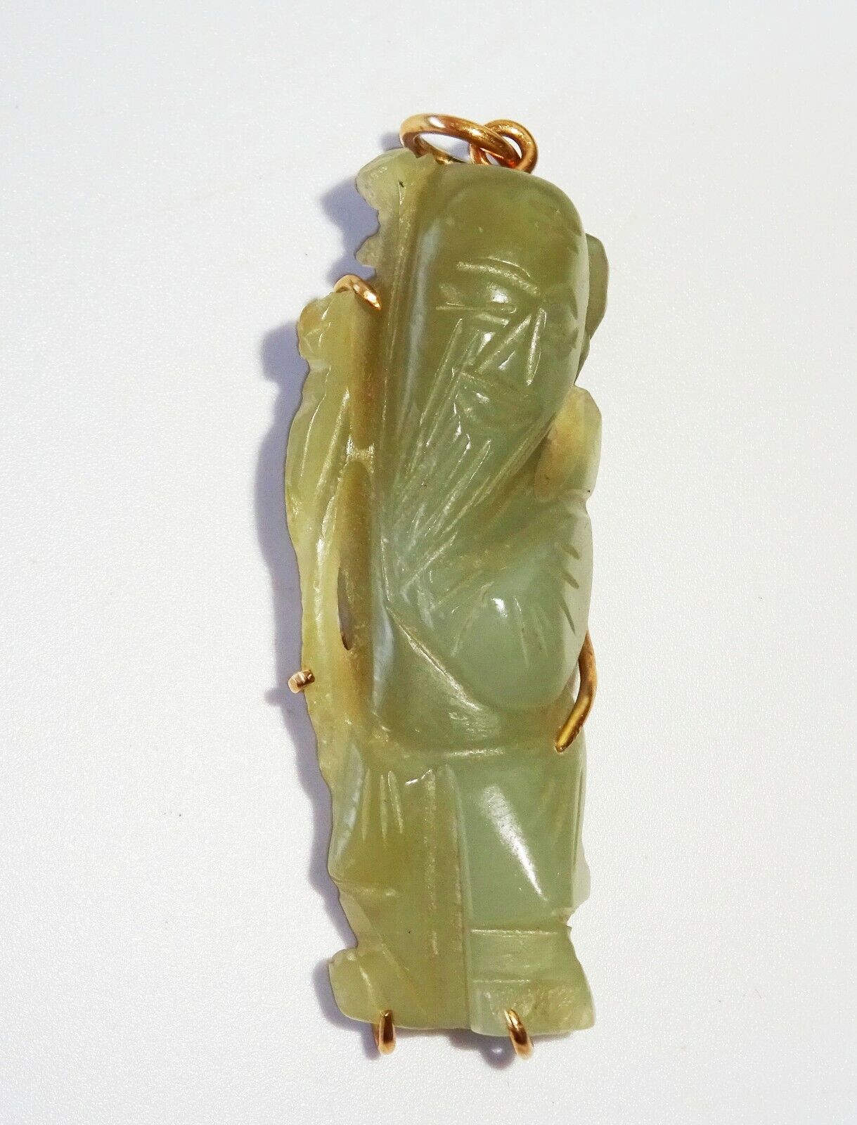 19C Chinese Nephrite Jade Carved 14K Yellow Gold Pendant God Long-life (FeO)#28