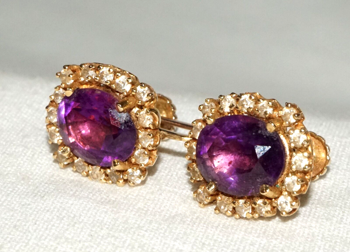 Vintage US 14k Yellow Earrings w. 2x Amethysts & 32x Cubic Zirconia (GoB)#12b