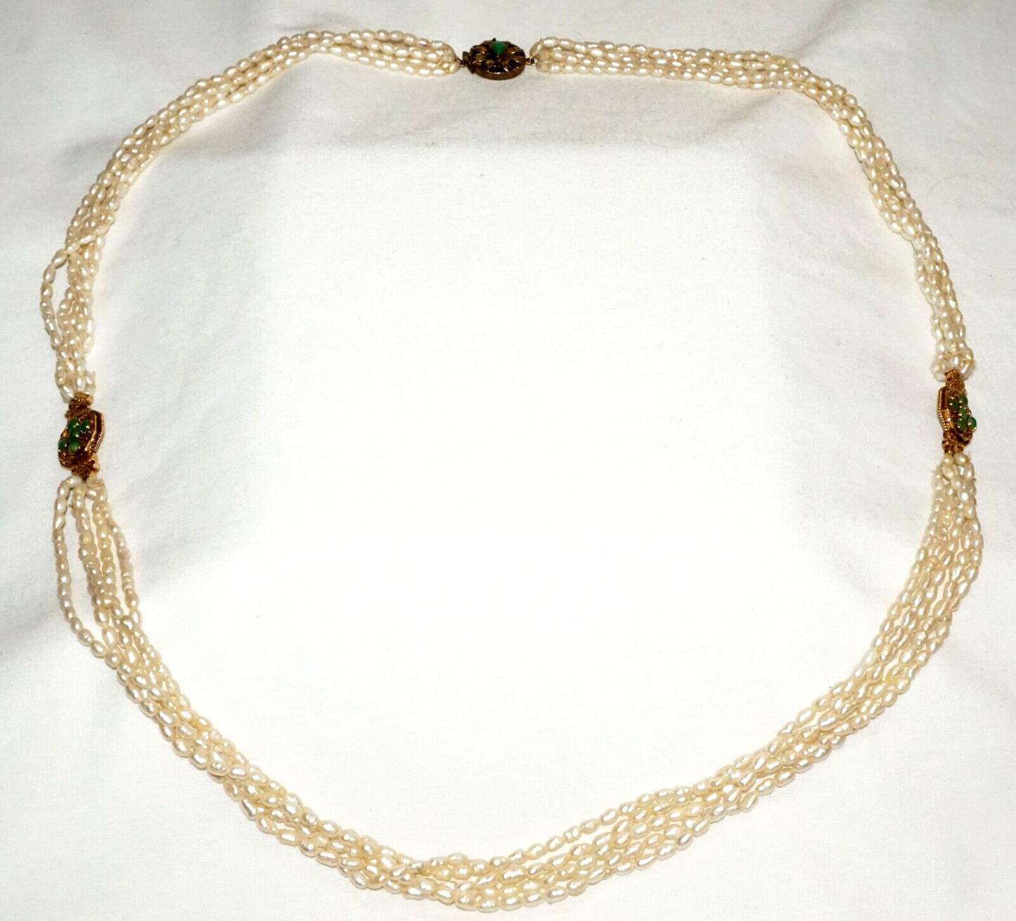 Vintage Chinese 1k Yellow Gold 5x Strand Pearl Necklace w. Jadeite Jades (KoM)