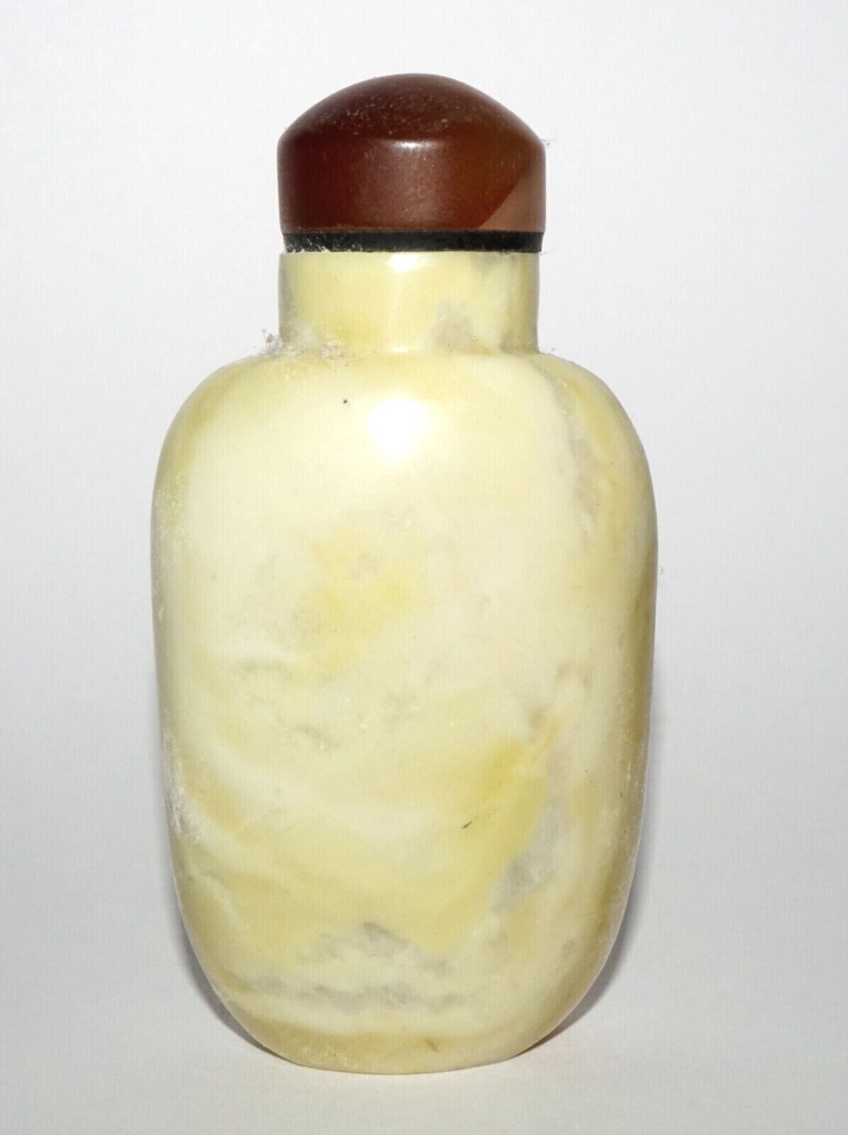 Vintage Chinese Yellow Hard Stone Carved Snuff Bottle w. Agate Stopper (LeS) G12