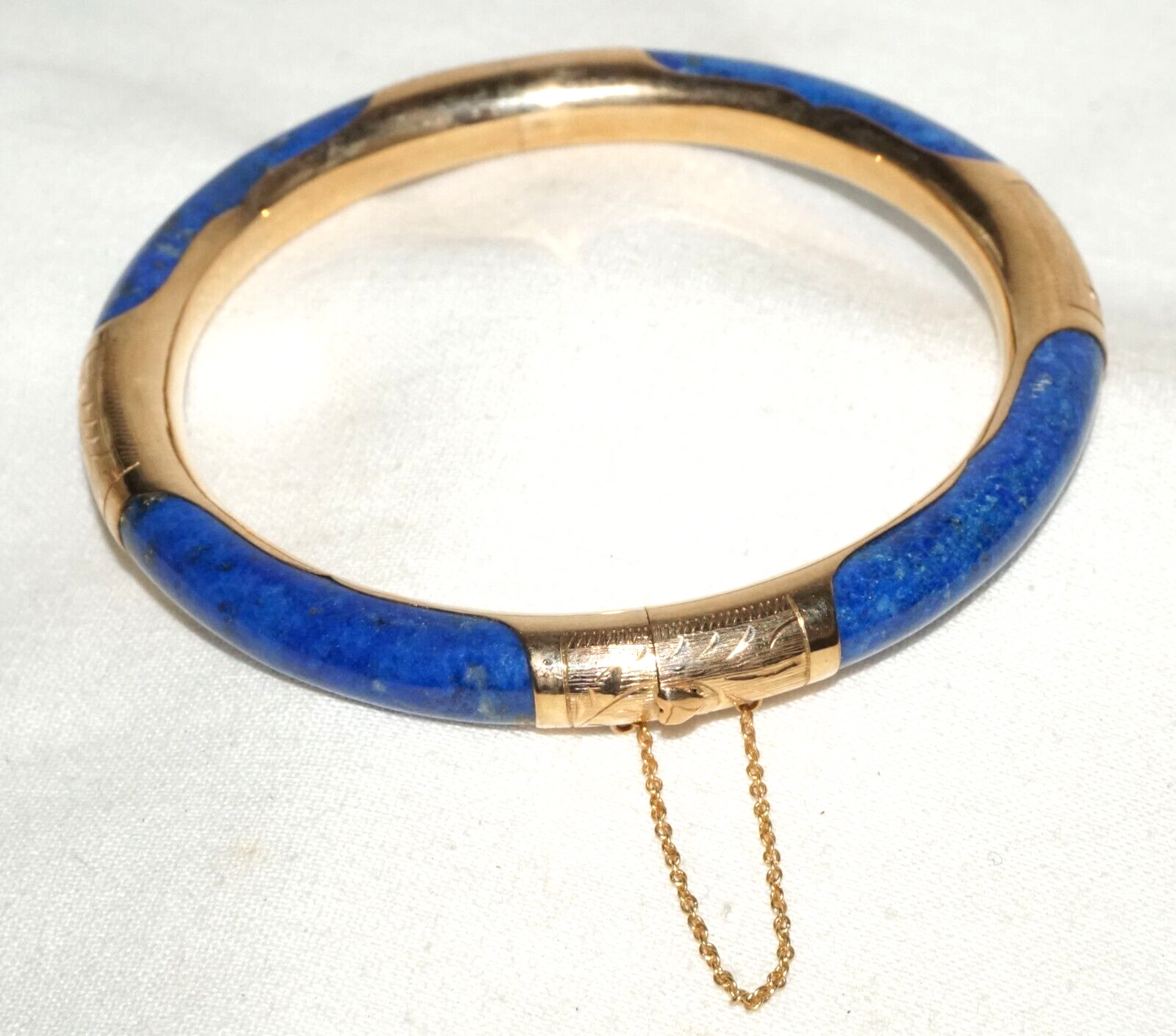 Vintage Chinese 14k Yellow Gold & Sodalite Hinged Bangle Bracelet (InS)#L1