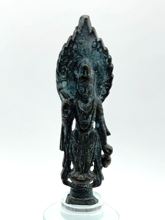 Vintage Bronze Southeast Asian Guanyin Sculpture w Flaming Mandoria (MiM)