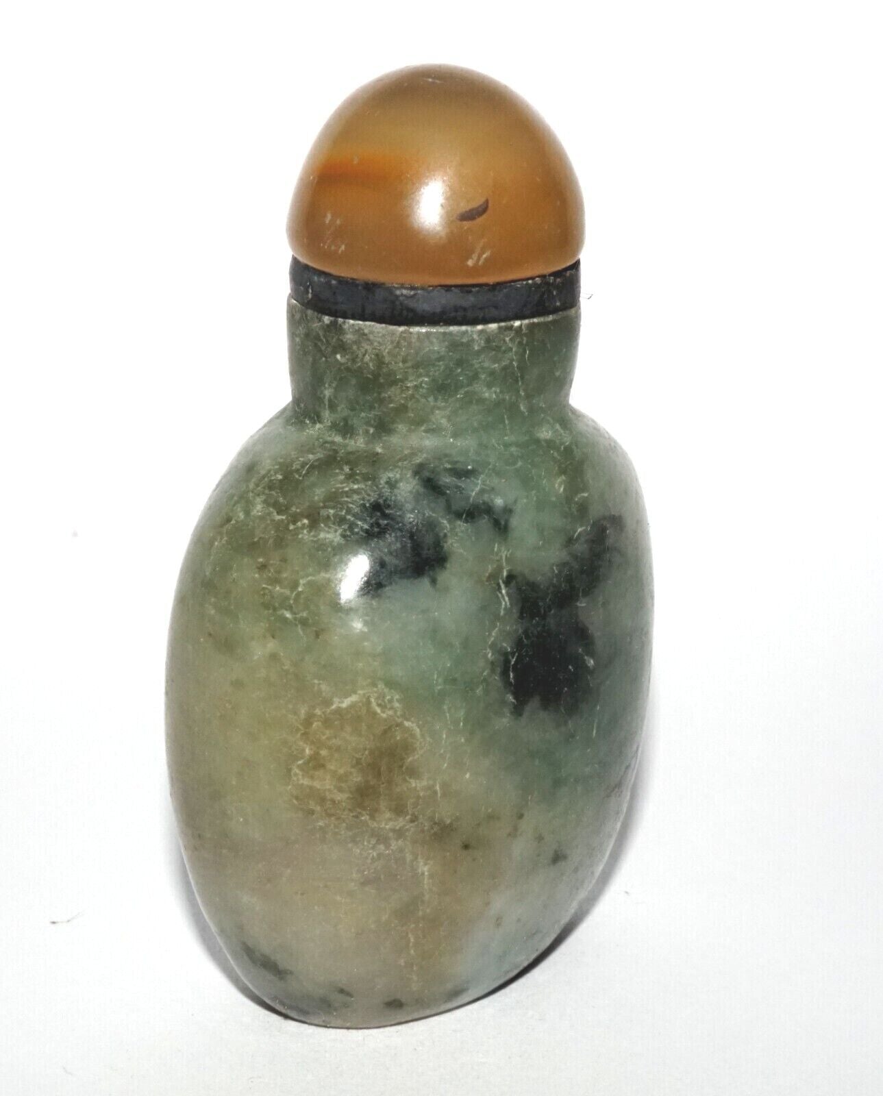 Vintage Chinese Jadeite Jade Carved Snuff Bottle w. Agate Stopper (LeS) G12