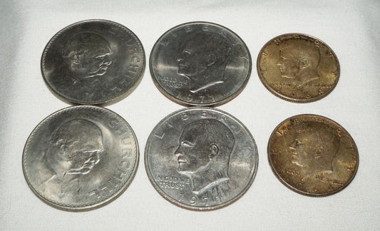 6PC US UK Coin Lot 2x 1965 Churchill 2x 1971 Eisenhower $1 2x Kennedy $1/2 (MuS)