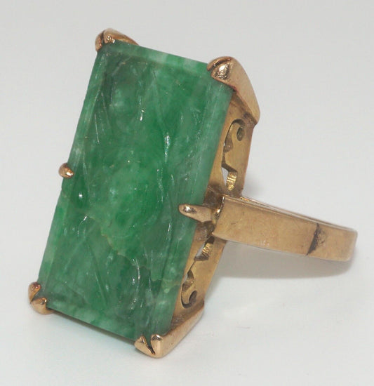 Vintage Art Deco 14k Yellow Gold Ring Sz. 9.25 w Carved Jadeite Accent (LeD)