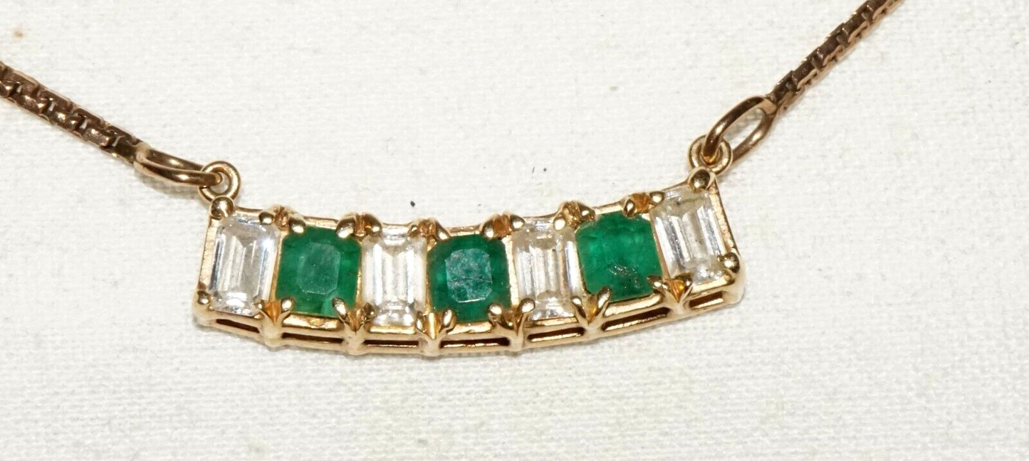 Vintage 14k Yellow Gold Necklace w. Bar Pendant 3x Emeralds & 4x CZ's (GoB) #29