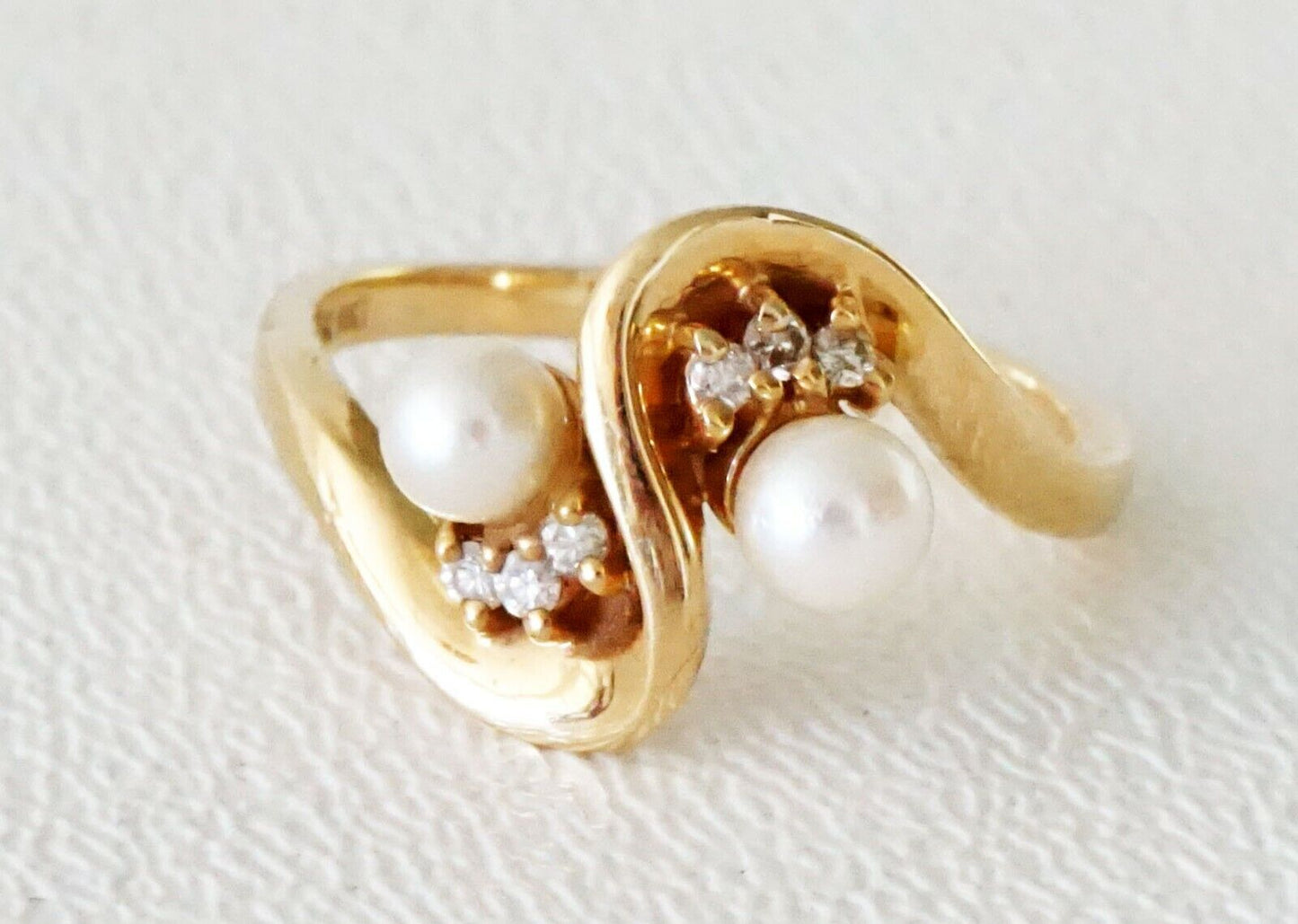 Modernist 14K Yellow Gold Ring Sz. 6.75 set w. 6x Diamonds & 2x Pearls (SaR) #19