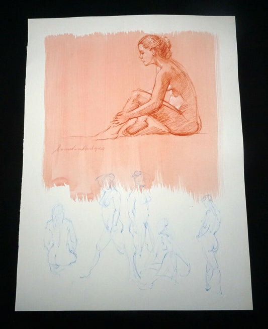 Hawaii Mixed Media Wash Painting Seated Female Nude Snowden Hodges (Sho)#113