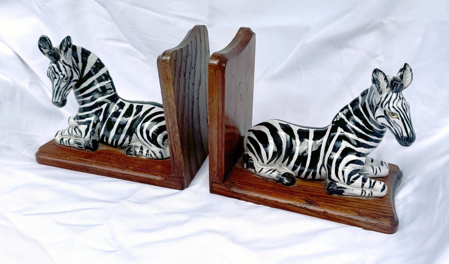 Vintage Hand-Painted Ceramic & Wood Zebra Bookends (SmM)