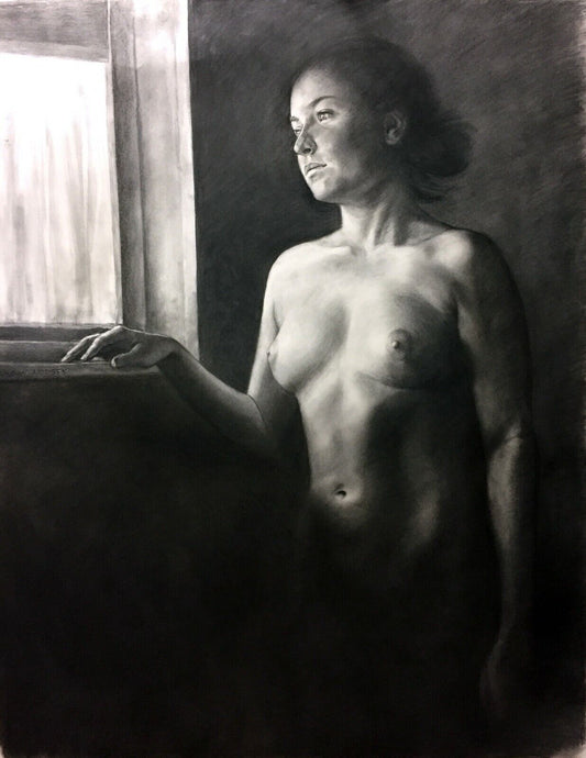 Hawaii Charcoal Nude Painting "Waiting by the Window" by Snowden Hodges (Sho)