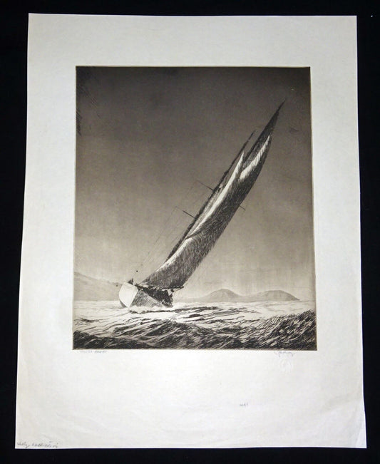 1932 Hawaii Aquatint Etching Print "Manuiwa Yacht" by John Melville Kelly (Kel)