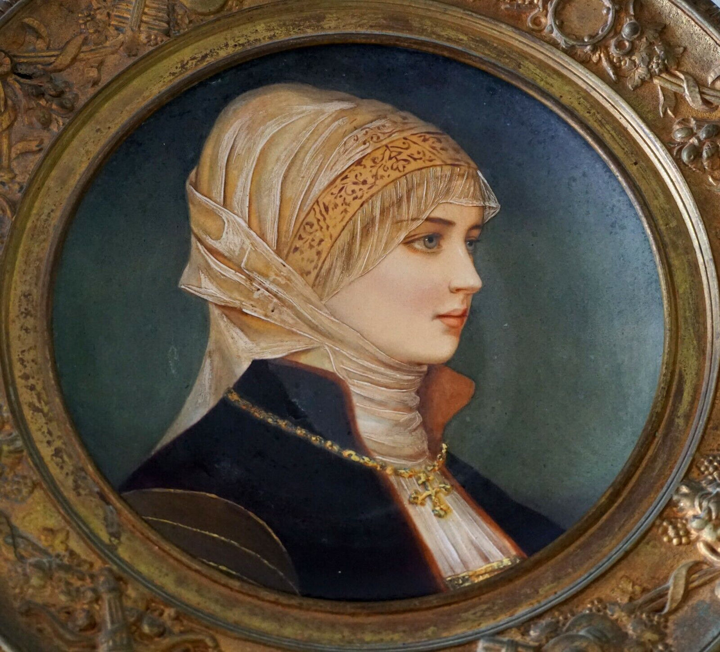 Continental Porcelain & Enamel Female Portrait Painting Gilt Bronze Frame (RiS)