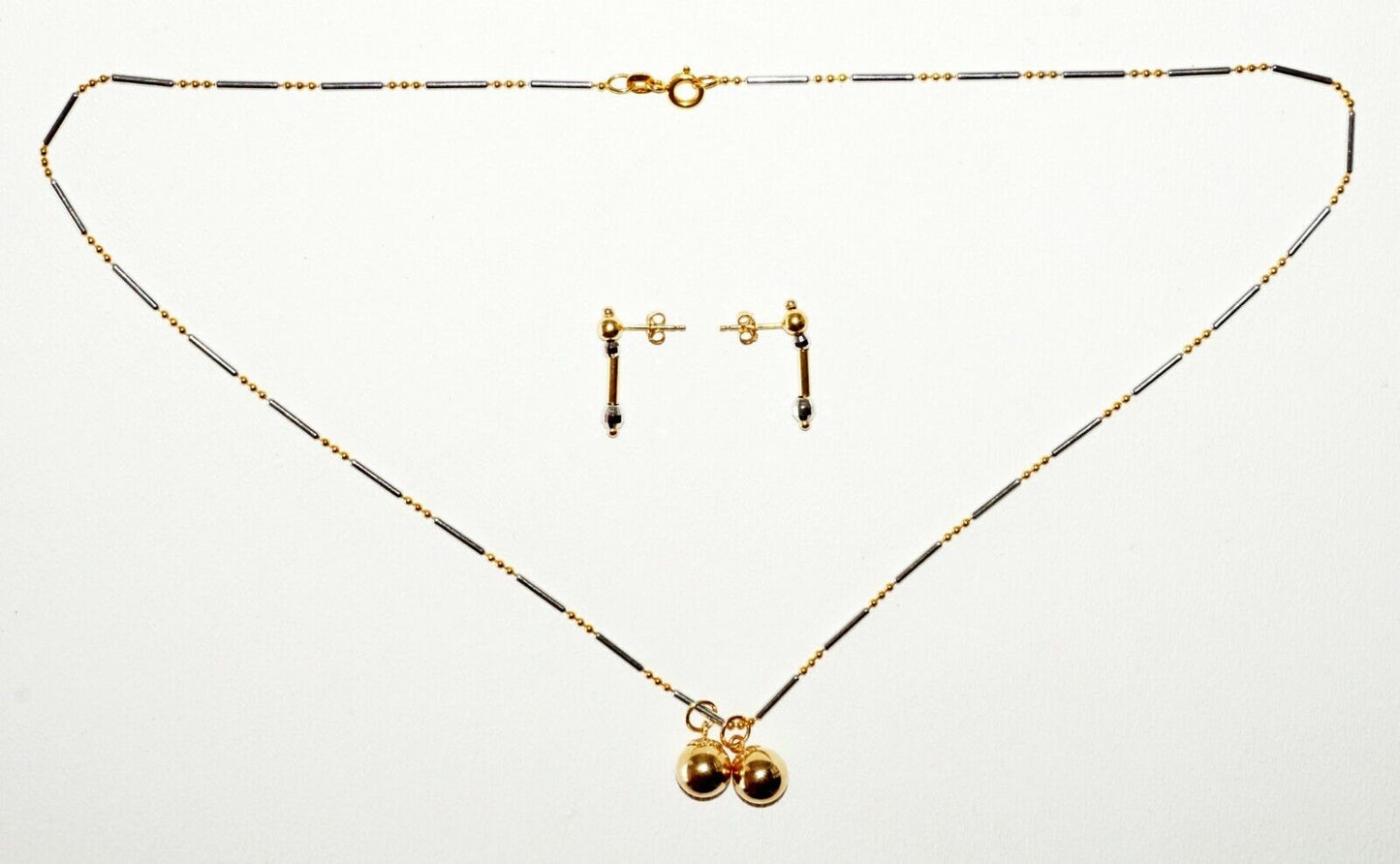 3Pc Vintage Italy 14K Yellow & White Gold Bead Necklace & Earrings Set (SaR)#188