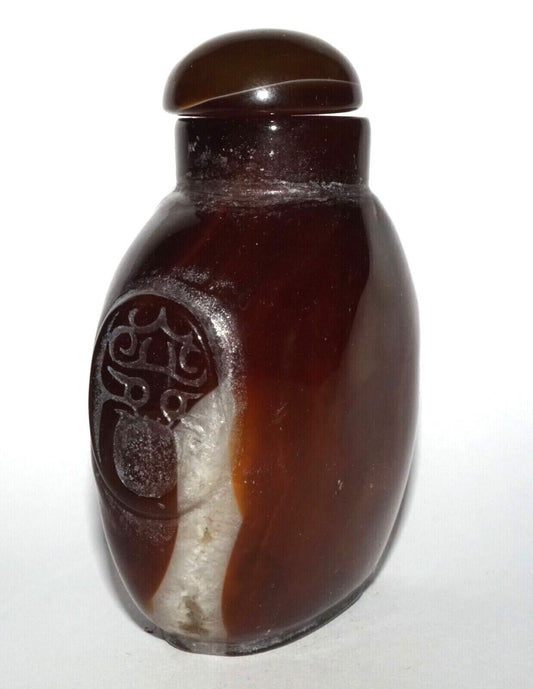 Vintage Chinese Brown & White Agate Carved Snuff Bottle w Mask Handles (LeS) G12