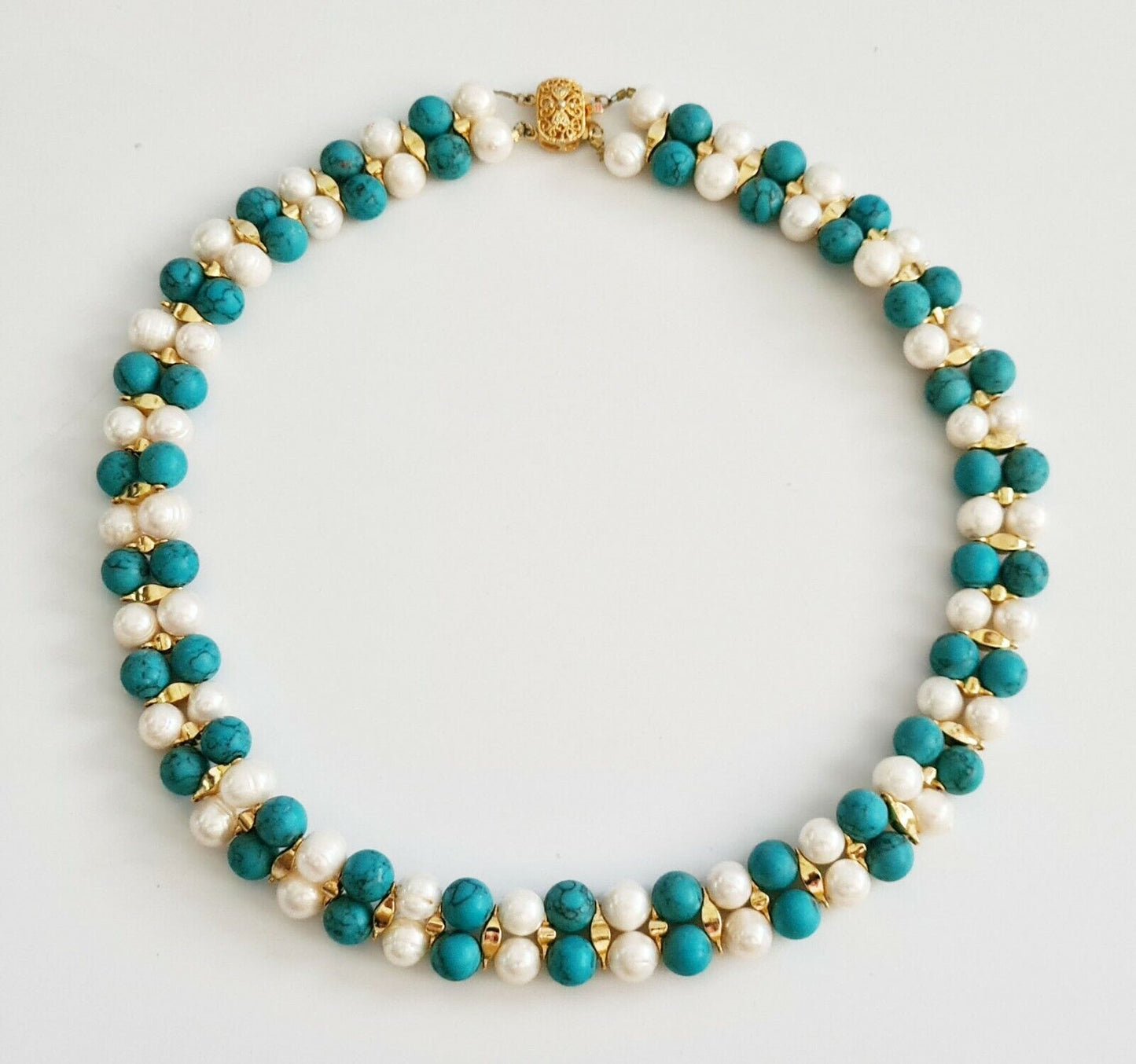 Vintage Turquoise Bead & Pearl Double Strand Choker Necklace w. G.P. Clasp (PaB)