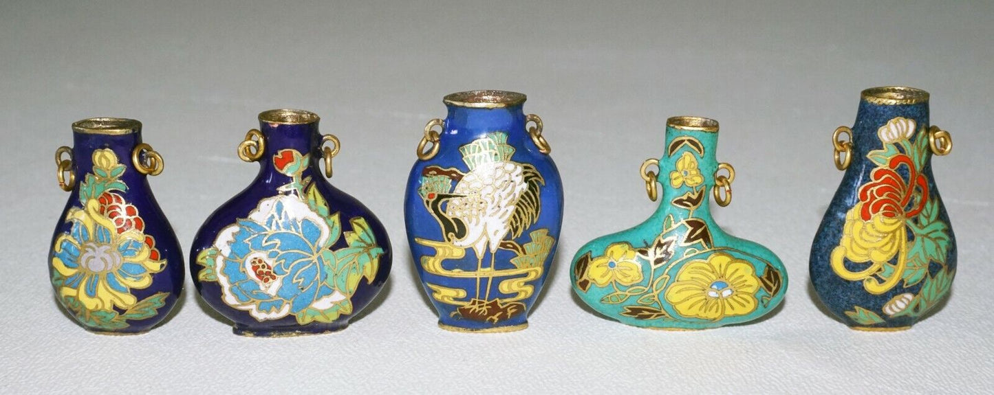 5Pc Chinese Cloisonne Enamel Miniature Vases w. Floral & Bird Motifs (DeL) #3