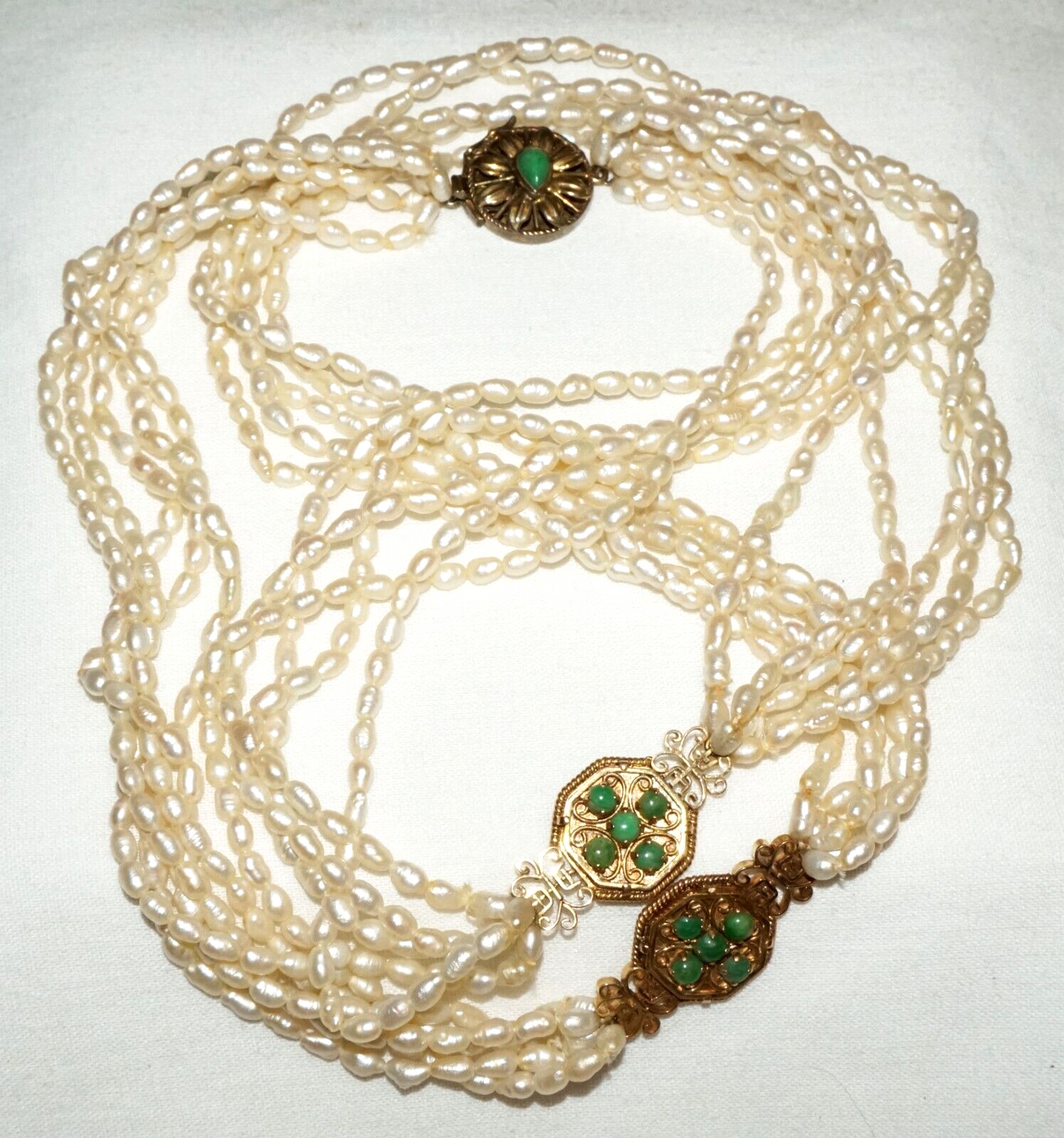 Vintage Chinese 1k Yellow Gold 5x Strand Pearl Necklace w. Jadeite Jades (KoM)