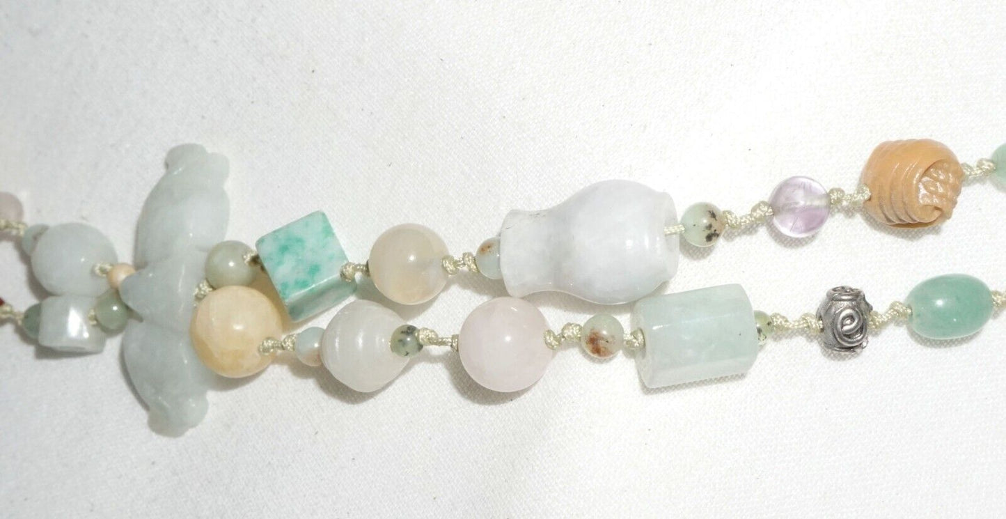 Vintage Chinese Jadeite Jade & Hard-stone Bead Necklace w. Jade Pendant (---)