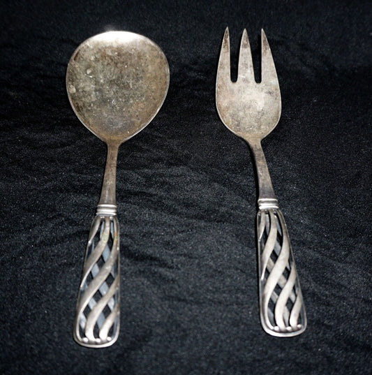 Danish Silver Serving Spoon & Fork w Pierced Curvilinear Reticulated Handle(AHB)