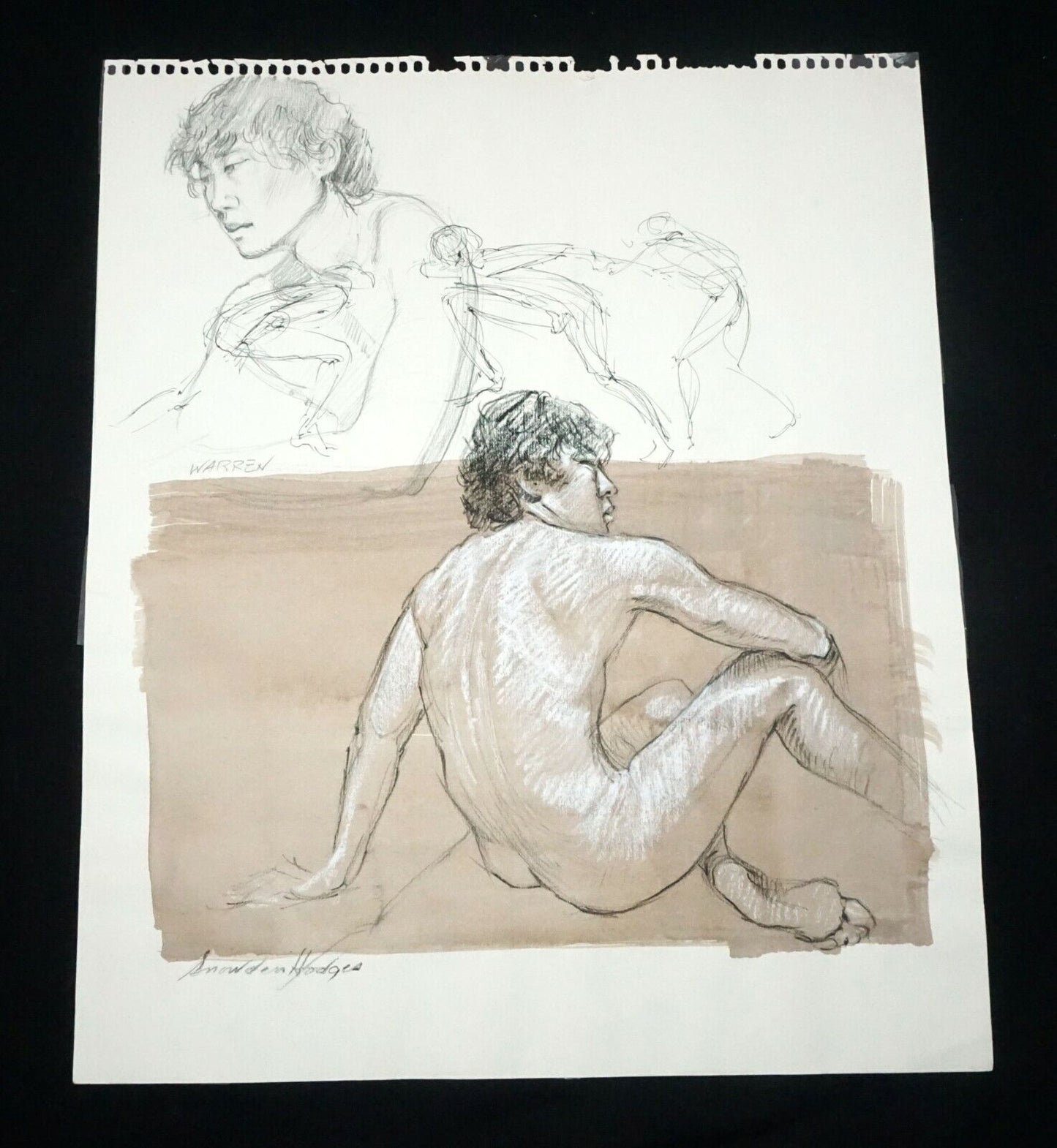 Hawaii Conte WC Wash Painting Seated Asian Male Nude by Snowden Hodges (Sho)#22