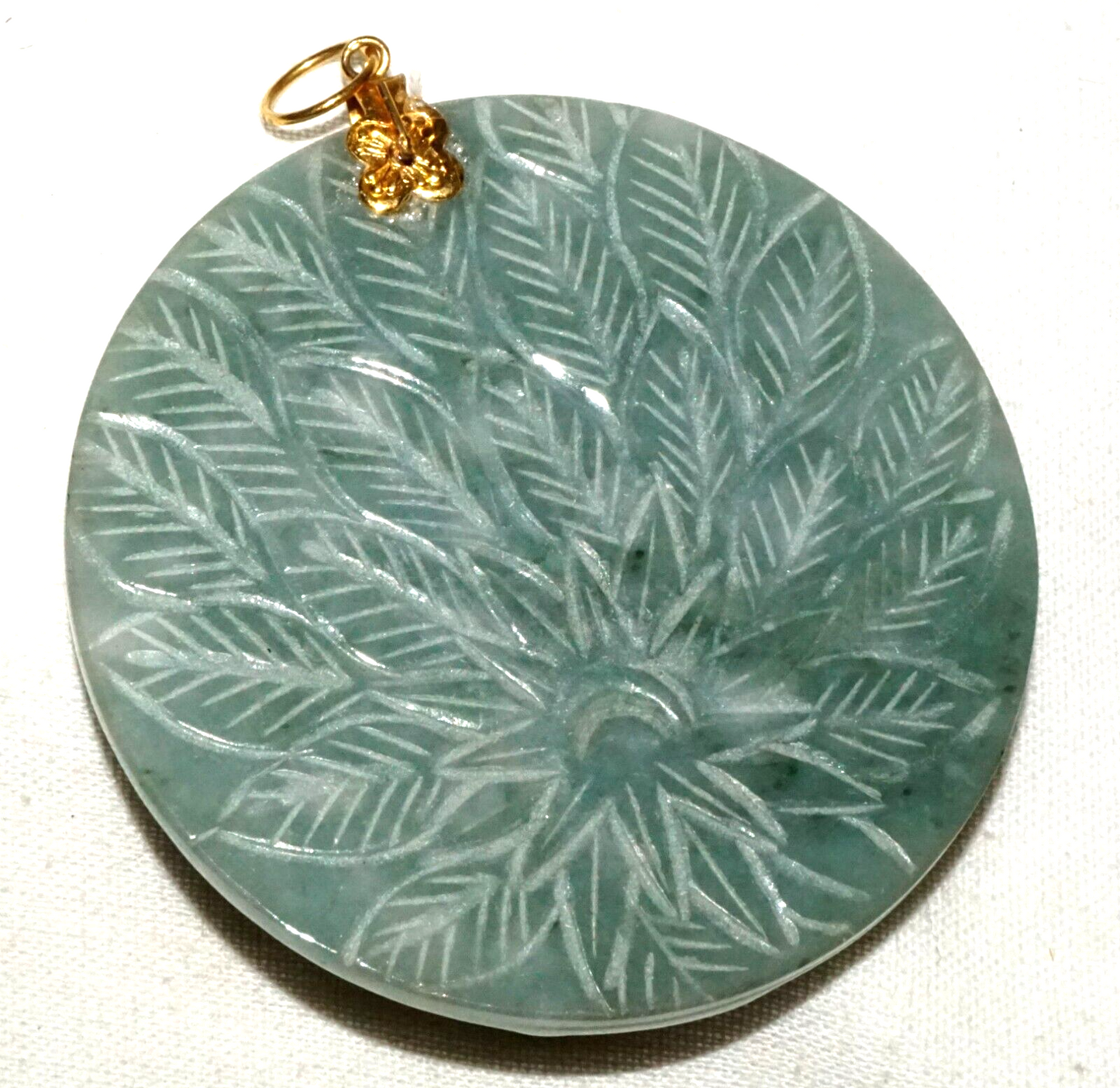 Vintage Chinese Blue Green Jade Disk pendant w. Peacock Motif (InS)#L4