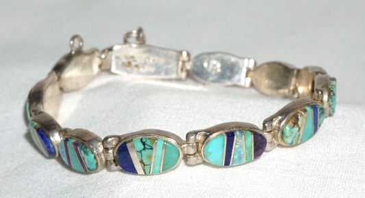 Vtg Navajo Sterling Silver & Gemstone Bracelet Santa Fe Evangeline David (JoD)