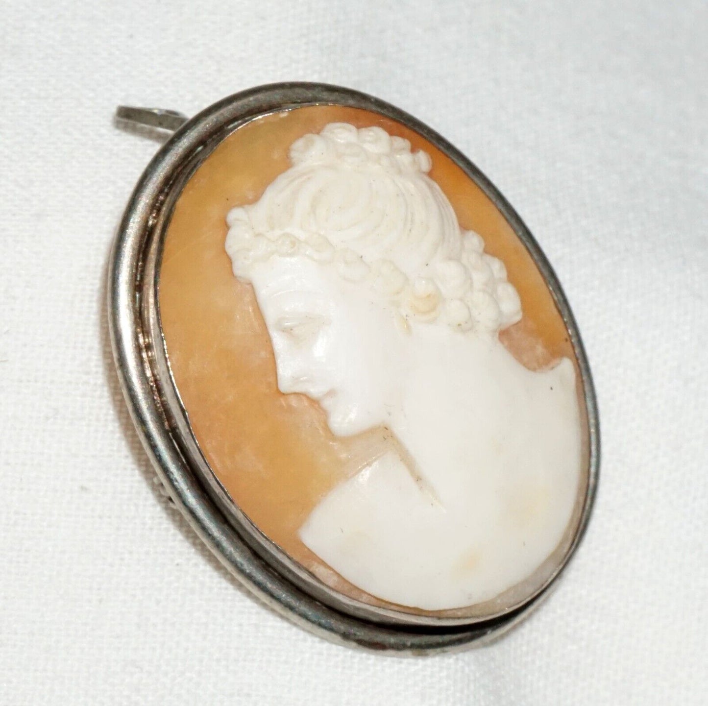 Vintage 900 Silver Shell Cameo Brooch Pendant w. Female Bust Motif (BiB)