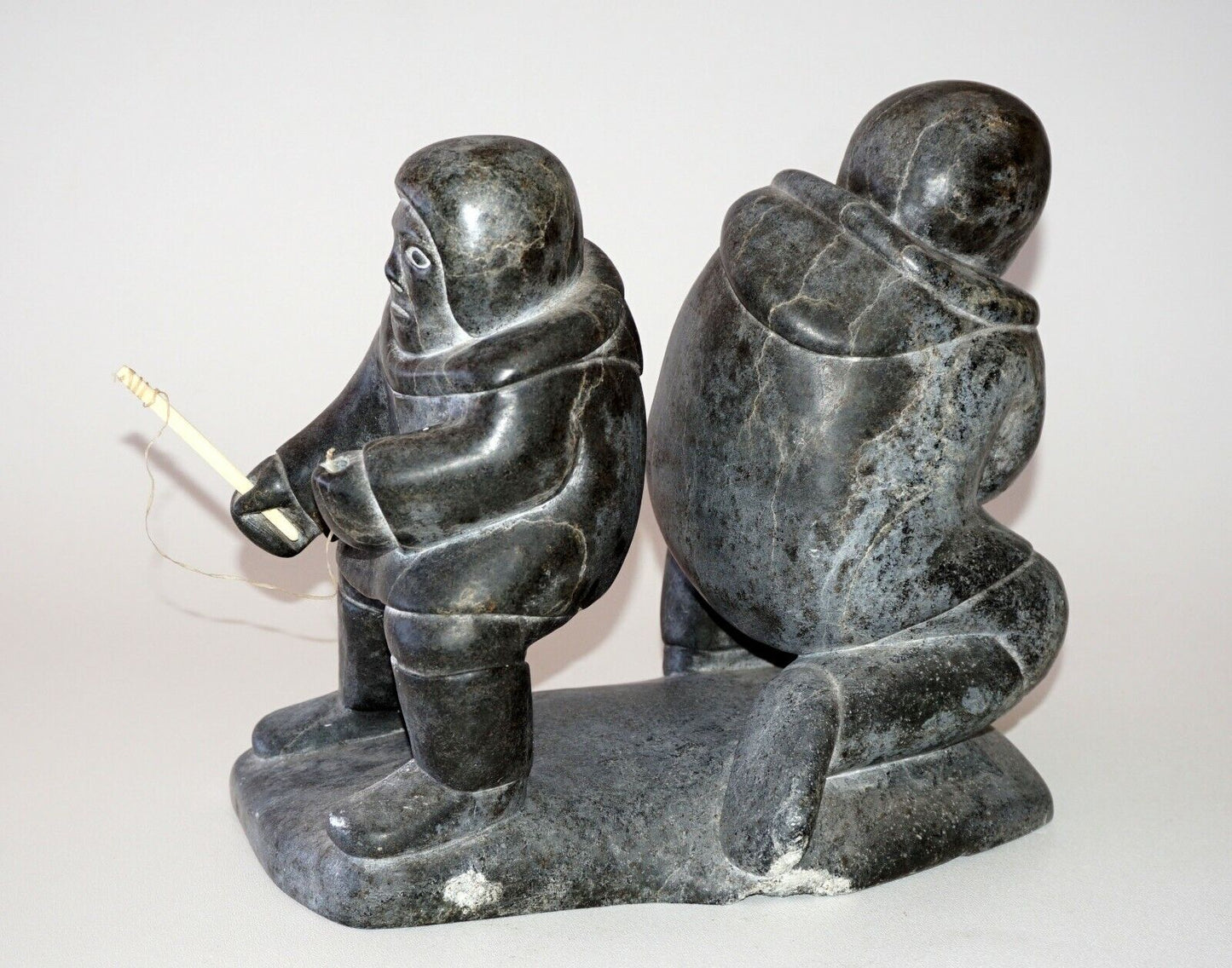 74 Canada Eskimo Stone Carved Ice Fishers Sculpture by Thomassie Tookalook (Kor)