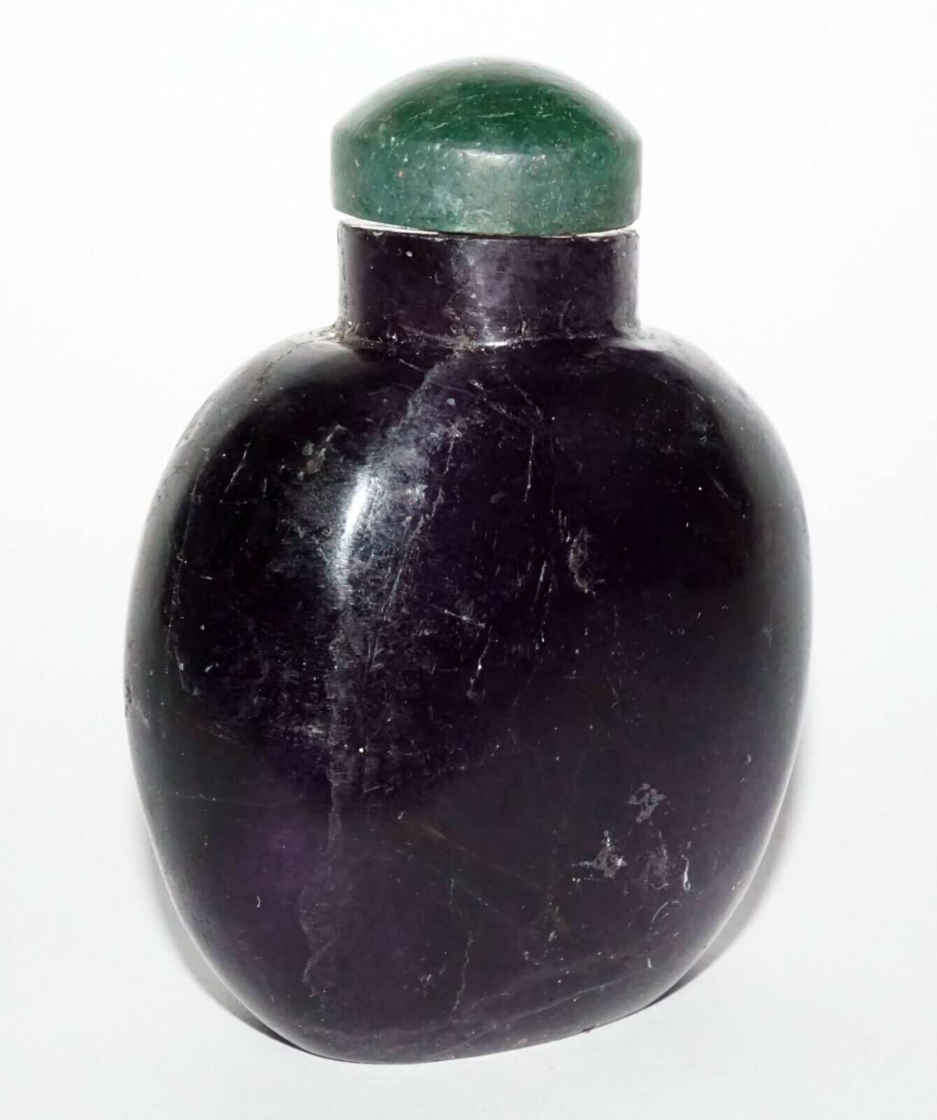 Vintage Chinese Dark Purple Fluorite Carved Snuff Bottle w. Green Stop (LeS) G8