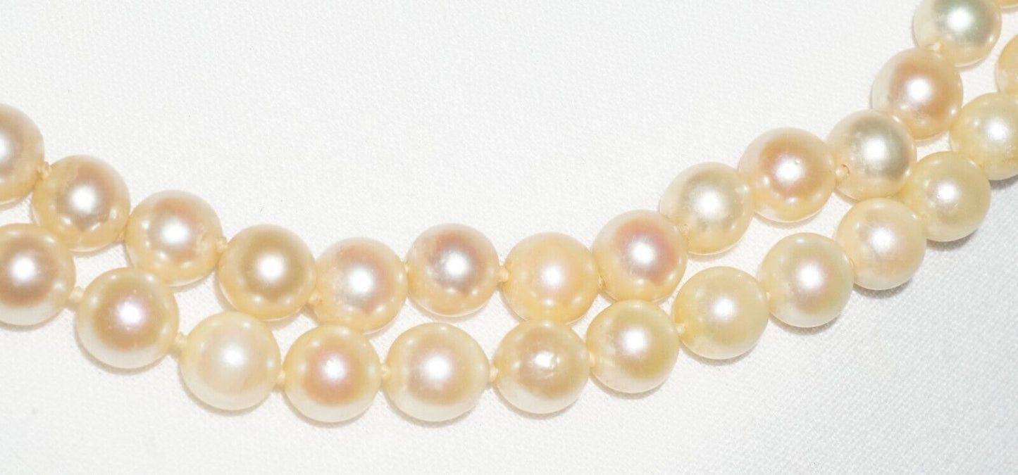 Vintage Double Strand Pearl Necklace 14k Y. Gold Clasp w. 28x Diamonds (BiB)