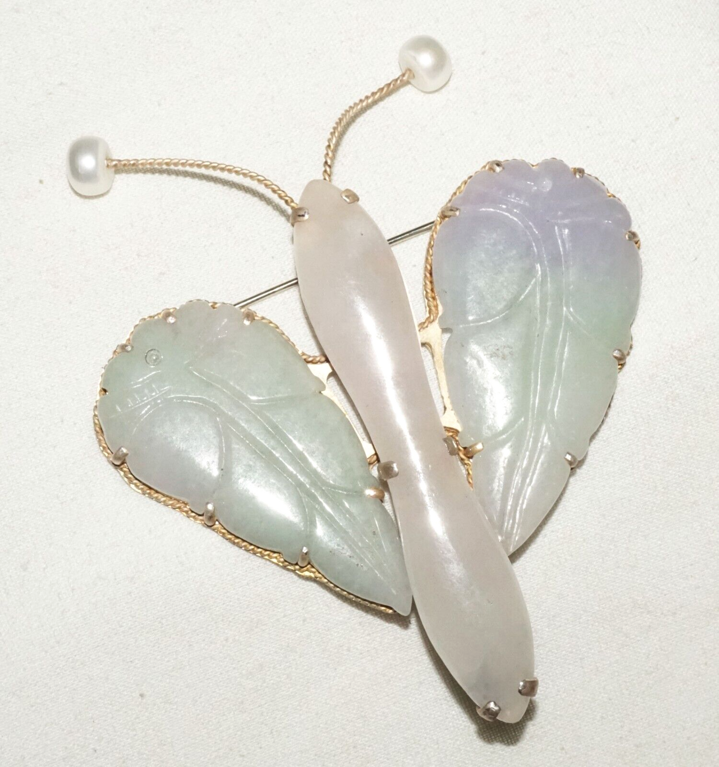 Vintage Chinese Large Butterfly Brooch Pendant w. 3x Lavender Jade Accents (LeP)