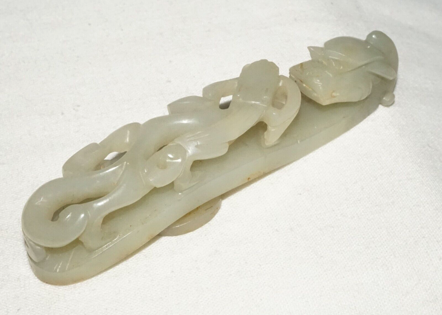 Antique Chinese Grey Green Nephrite Jade Dragon Belt Hook (UVi)#3