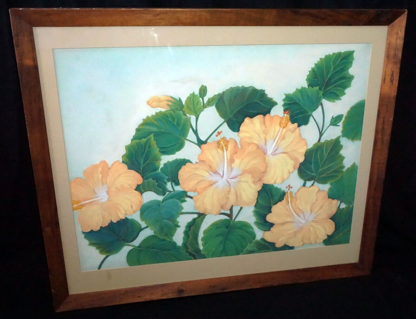 1950s Hawaii Koa Watercolor & Pastel Painting Hibiscus by Maude Horton (New)