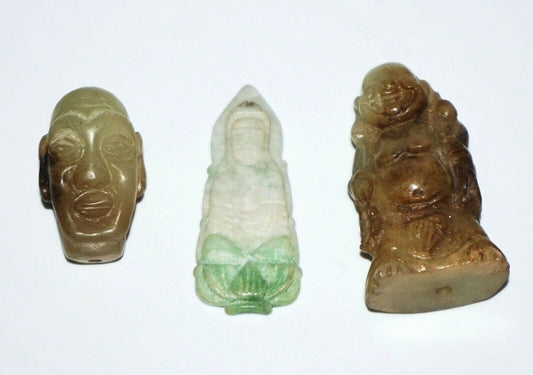 3x Chinese Hard-stone & Jade Carvings Buddha, Kwan Yin, Head Pendant (NoN)P26