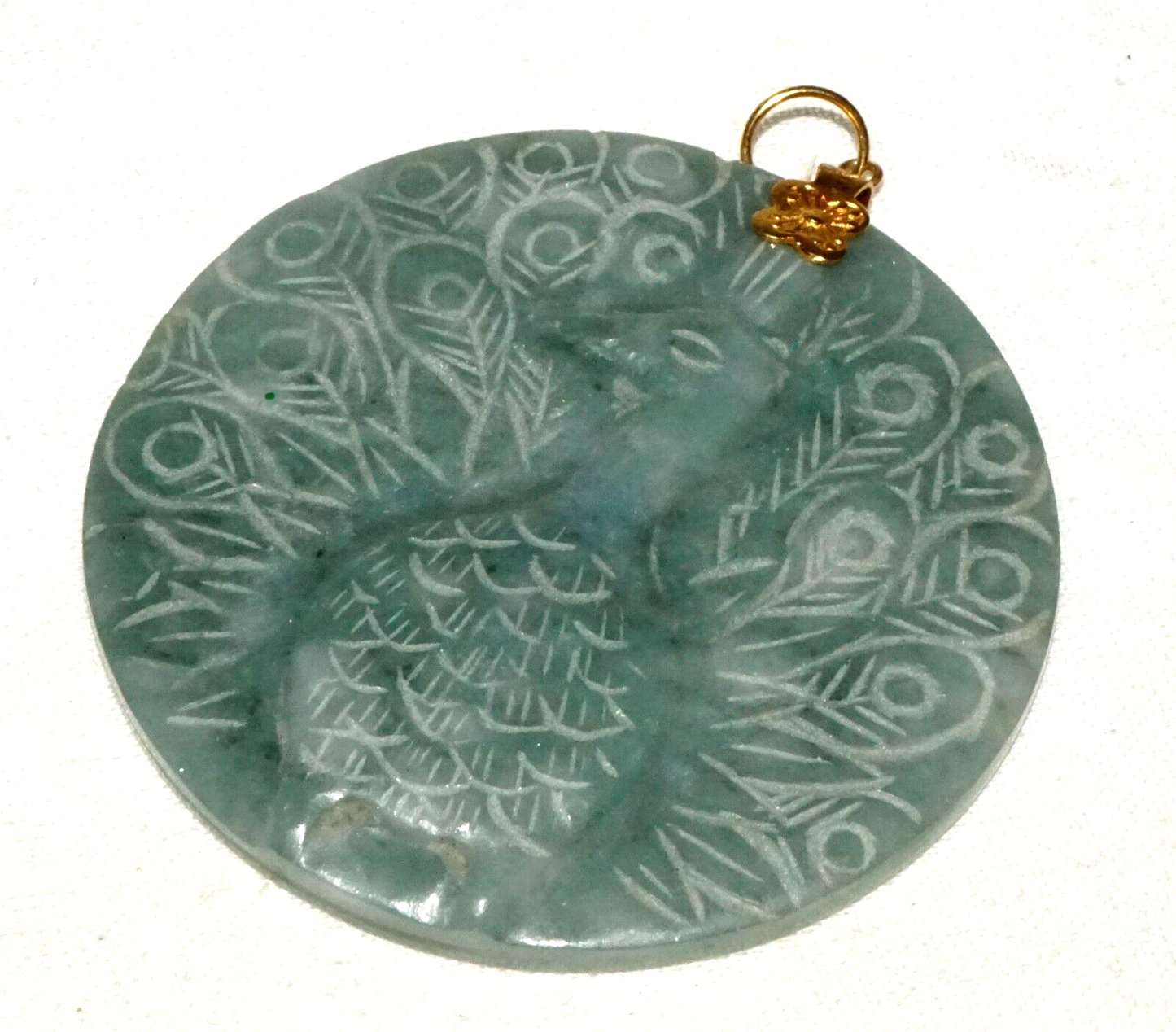 Vintage Chinese Blue Green Jade Disk pendant w. Peacock Motif (InS)#L4