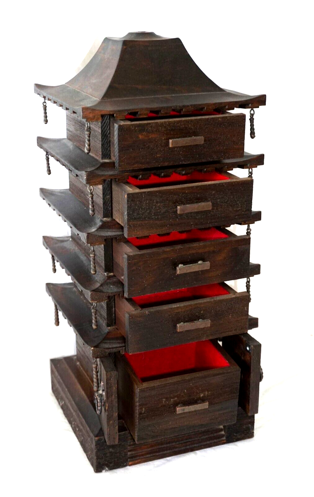 Vintage Japanese Wooden Pagoda Design Jewelry Multi Drawer Cabinet (HoJ)