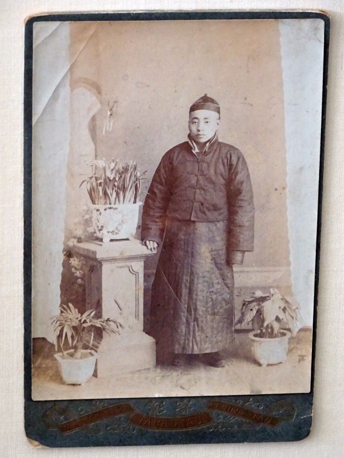 1900 Chinese Framed B&W Photo "Young Man" by Yungt Schang & Co. Tsing Tau (Mil)