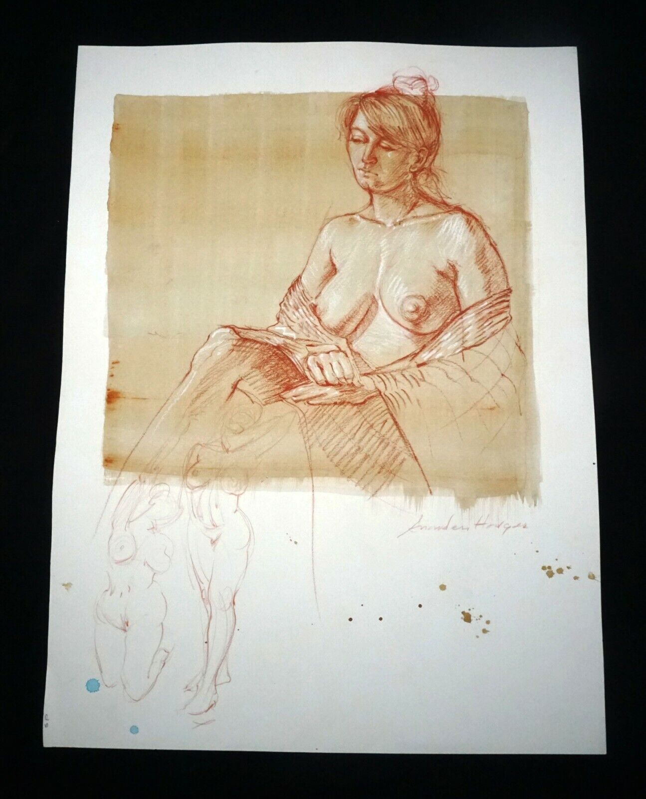 Hawaii Mixed Media Wash Painting Seated Female Nude Snowden Hodges (Sho)#148