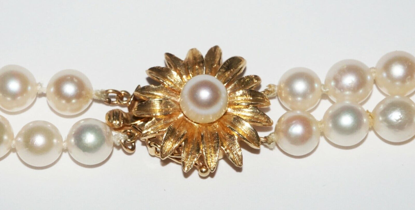 Vtg Chinese Double Strand Pearl Necklace w. Yellow Gold Flower Clasp (NaD)#17b