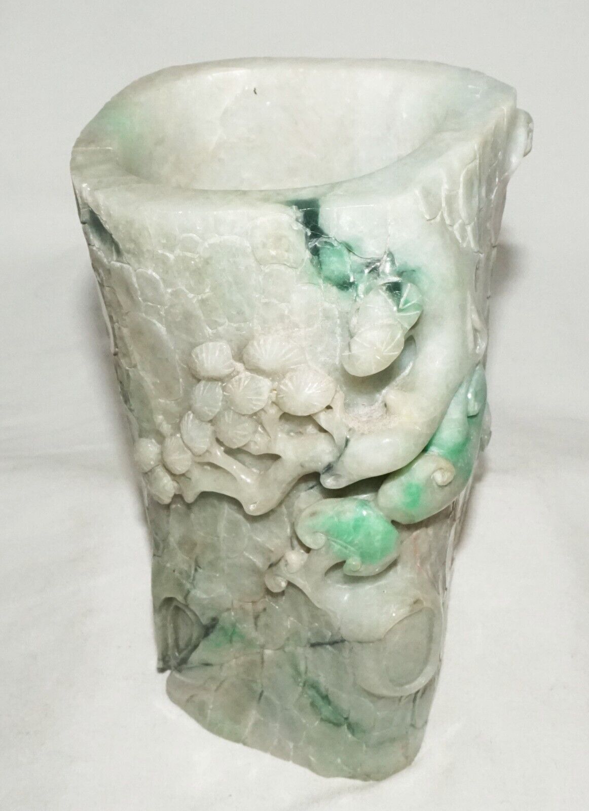 Chinese Jadeite Jade Carved Brush Pot w. Pine Tree Stump & Lingzhi Motifs (InS)