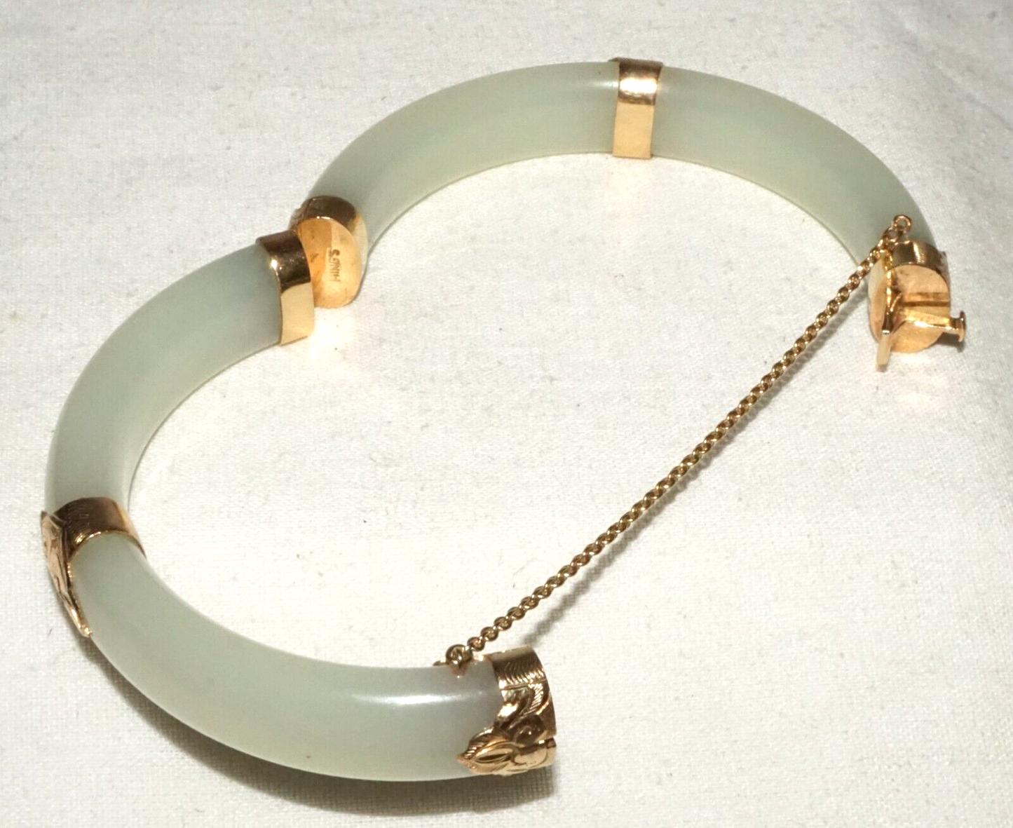 Vtg Chinese 14k Yellow Gold & Pale Green Jadeite Jade Bracelet Ming's (LeS)L25