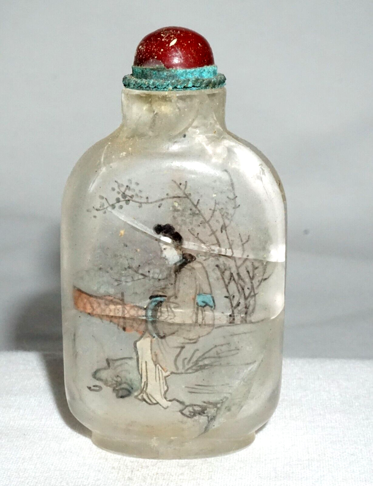 Vtg Chinese Reverse Painted Glass Snuff Bottle Seated Figure in Landscape (LLA)