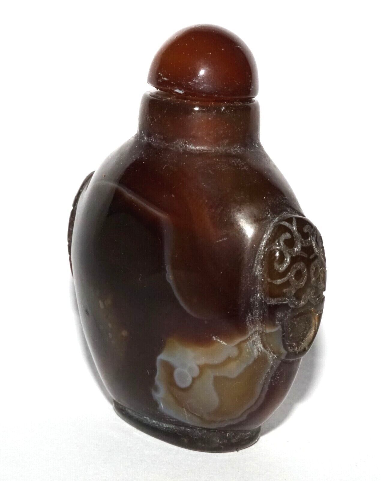 Vintage Chinese Brown & White Agate Carved Snuff Bottle w Mask Handles (LeS) G12