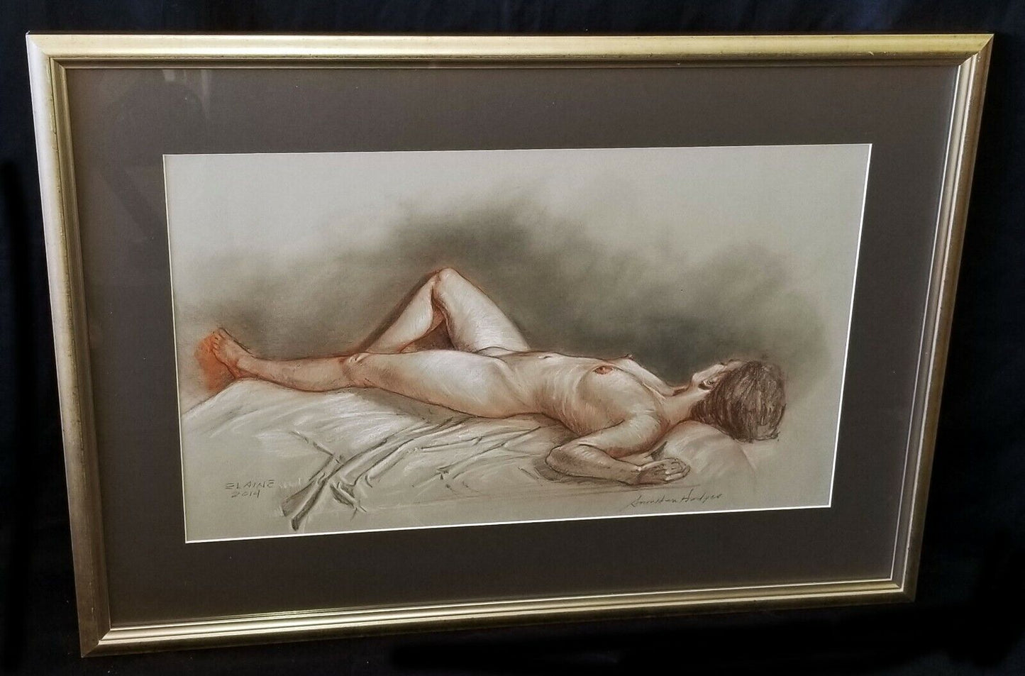 Hawaii Framed Mixed Media Painting Sleeping Nude by Snowden Hodges (Sho)