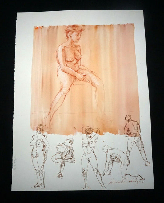 Hawaii Mixed Media Wash Painting Seated Female Nude Snowden Hodges (Sho)#115