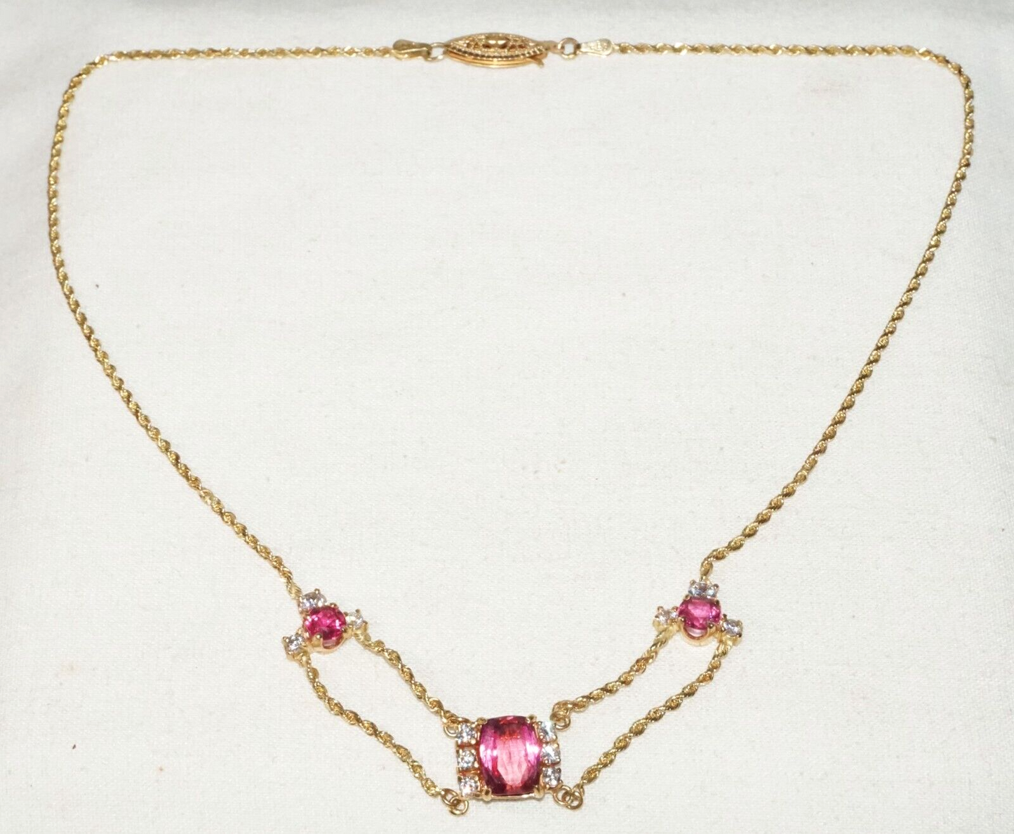 Vintage 14k Yellow Gold Rope Chain Necklace w. 3x Tourmalines & 12x CZ (GoB) #15