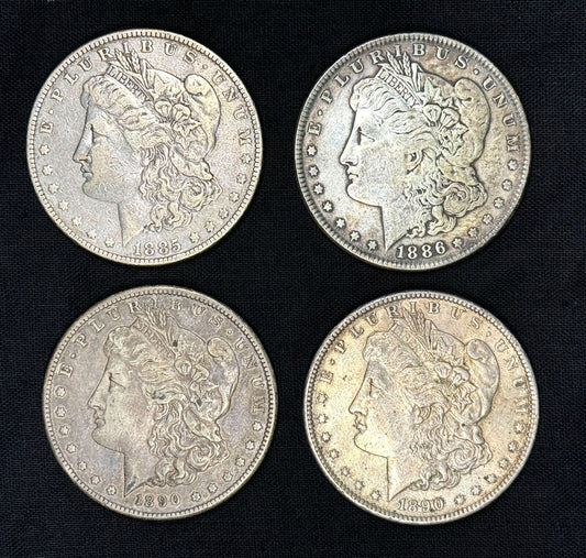 4- Morgan Silver Dollar Coins -Circulated 1885, 1886, 1890, 1890 (AHB)