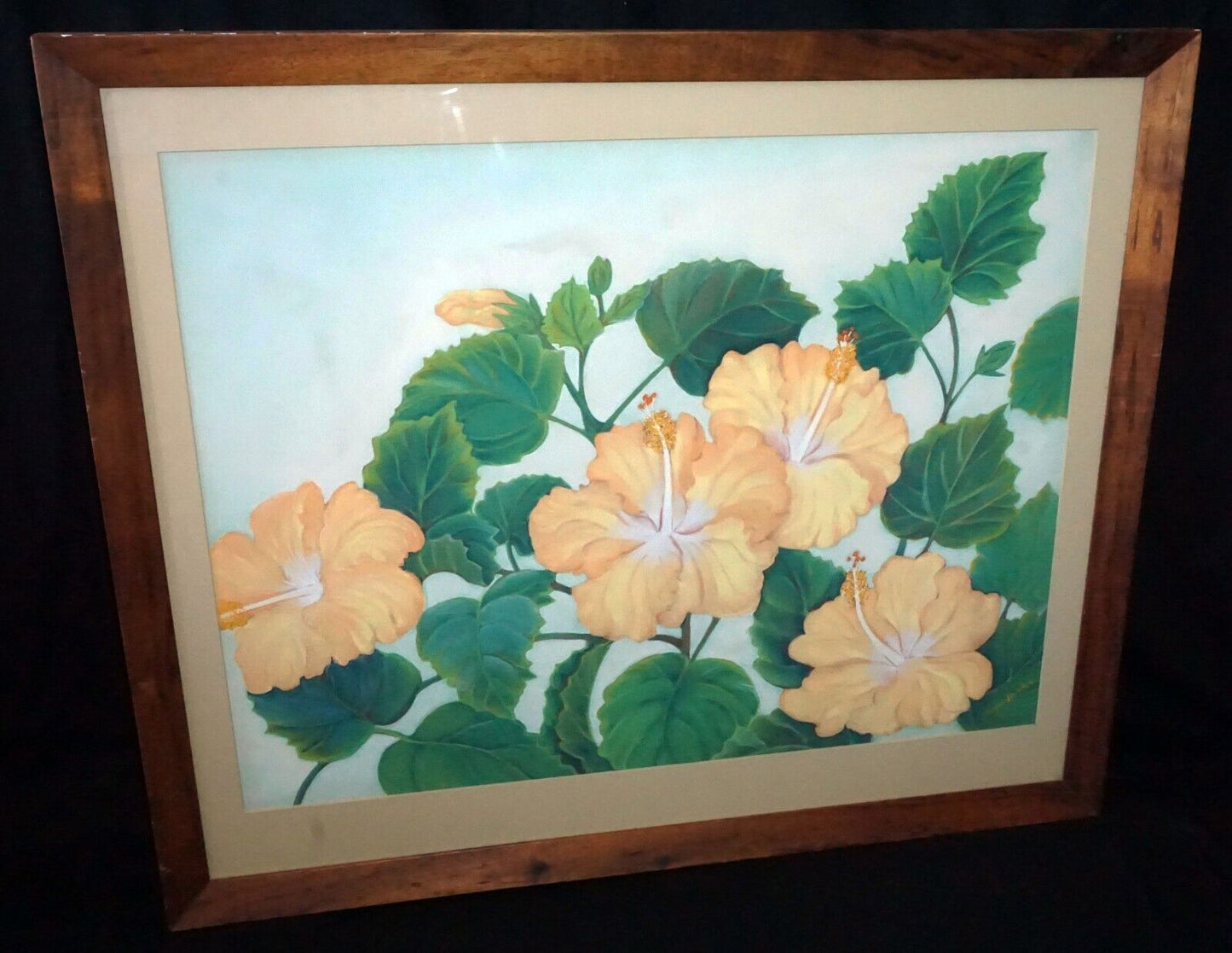 1950s Hawaii Koa Watercolor & Pastel Painting Hibiscus by Maude Horton (New)