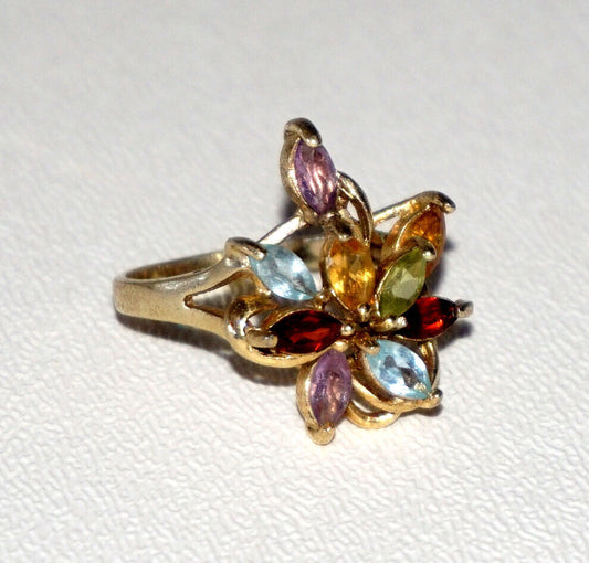 Vintage Gold Plated Sterling Silver Ring Sz 8.5 w 9x Multicolor Gems (NoN) R13