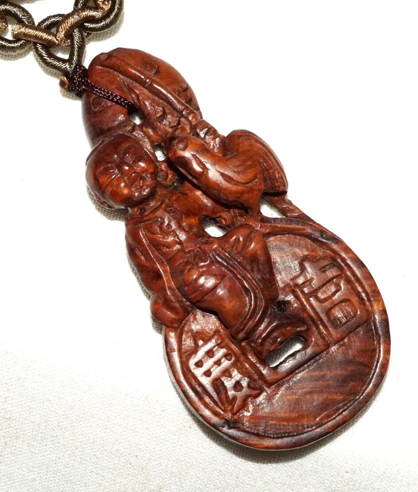 Vintage Chinese Wooden Pendant Carved Boy on Coin & Double Carp Motif (LeS)L21